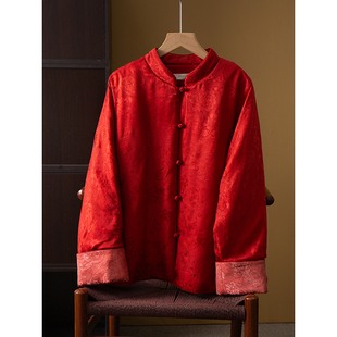 丝艺填充100%桑蚕丝棉新中式 中国红提花花萝棉服女国风保暖外套冬