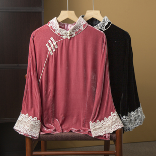 亏清 蕾丝拼接真丝丝绒新中式上衣桑蚕丝国风斜门襟立领盘扣小衫