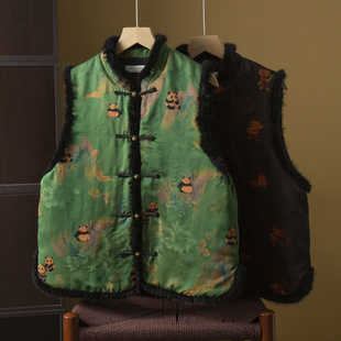 马褂外套冬 丝艺填充100%桑蚕丝水貂毛真丝香云纱棉服马甲女新中式