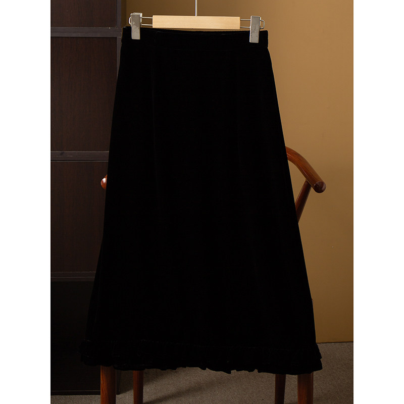丝艺 半松紧腰丝绒半身裙小黑裙侧开叉新中式复古百搭真丝a字半裙