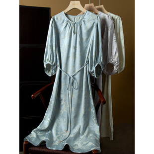 亏清 金线提花真丝七分袖连衣裙桑蚕丝收腰宽松显瘦系带圆领长裙