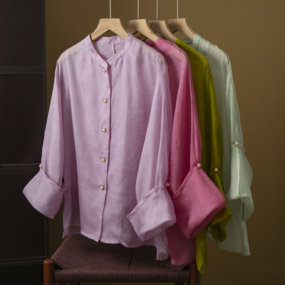 丝艺真丝欧根纱提花防晒开衫女100%桑蚕丝可挽袖中式立领衬衫外套