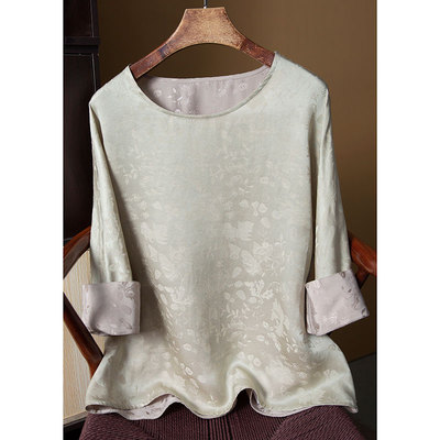 丝艺 双面穿 植物染杭州真丝提花新中式气质上衣100桑蚕丝宽松T恤