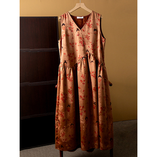 现货 重缎花萝红云纱香云纱真丝V领背心裙100%桑蚕丝宽松连衣裙夏