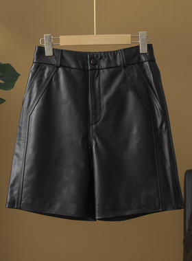 丝艺 绵羊皮真皮皮裤女短裤中裤宽松阔腿时尚高腰显瘦五分皮裤子