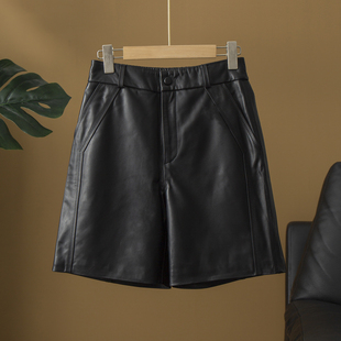 绵羊皮真皮皮裤 高腰显瘦五分皮裤 女短裤 宽松阔腿时尚 子 中裤 丝艺