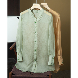 亏清 100%桑蚕丝微透真丝欧根纱上衣开衫女新中式外套百搭外穿春