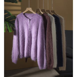 丝艺皇室拉绒100%山羊绒拉绒拉毛慵懒风羊绒开衫外套全羊绒衫毛衣