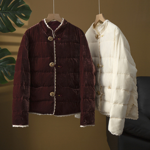 丝艺国风丝绒90白鸭绒羽绒服花边立领新中式 宽松盘扣保暖外套冬