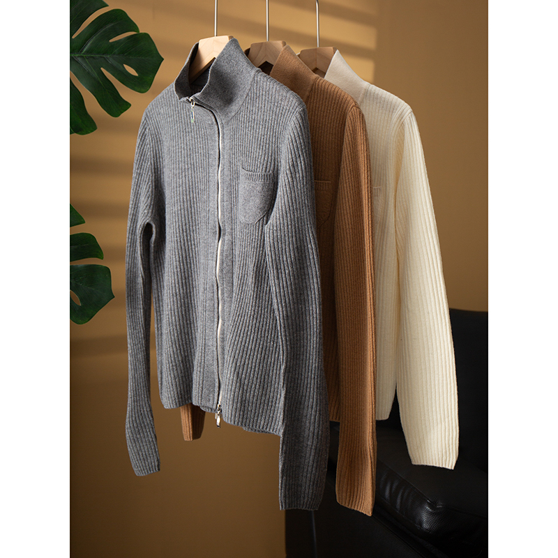 丝艺100%澳洲美丽诺羊毛26支双股坑条拉链开衫纱线针织毛衣外套女