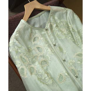 丝艺100%桑蚕丝真丝欧根纱绣花新中式开衫外套女宽松国风长袖上衣