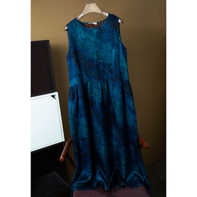 丝艺 深海蓝真丝花罗香云纱100%桑蚕丝圆领宽松背心裙真丝长裙夏