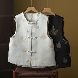 丝艺 100%桑蚕丝国风蜀锦盘扣真丝马甲女外穿V领无袖开衫上衣早春