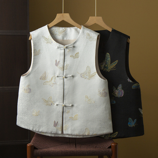 丝艺 100%桑蚕丝国风蜀锦盘扣真丝马甲女外穿V领无袖开衫上衣早春