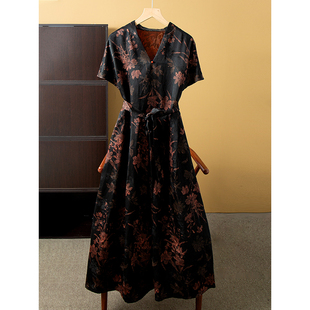 丝艺 真丝香云纱绞罗连衣裙女100%桑蚕丝V领连肩短袖长裙a字裙夏