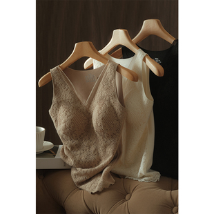 丝艺优可绒全花边舒适保暖背心女秋冬带胸垫内搭蕾丝打底秋衣上衣