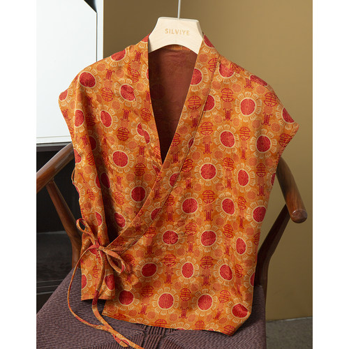 丝艺 真丝香云纱花萝汉服系带短袖上衣女100%桑蚕丝连肩袖短外搭