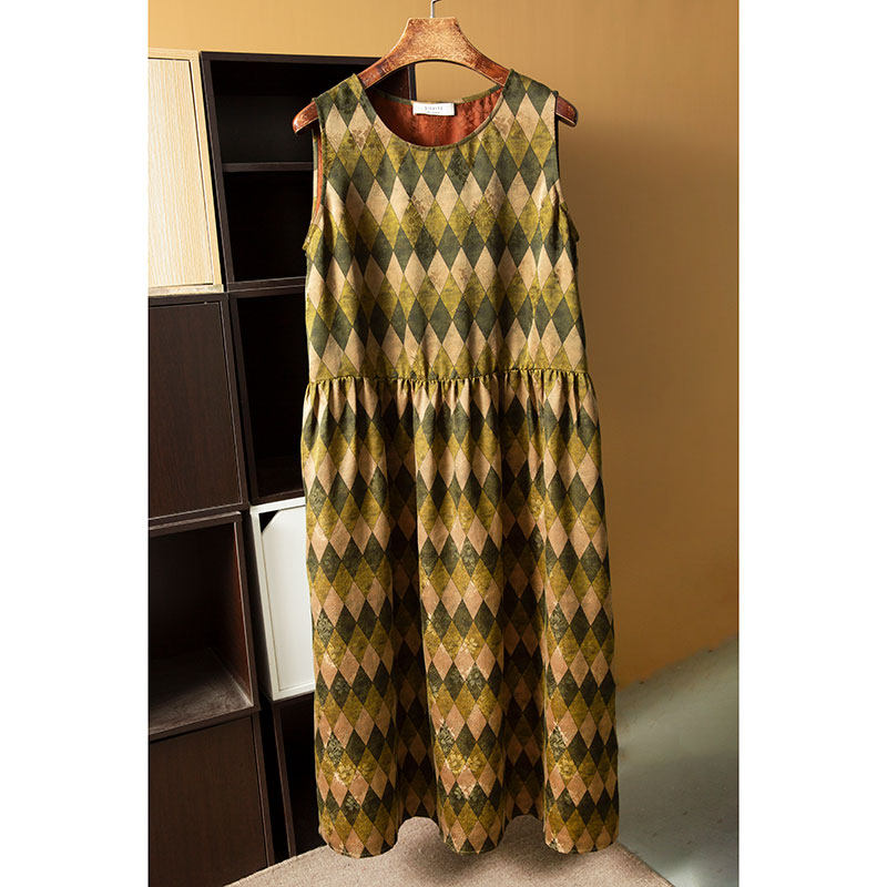 丝艺 真丝香云纱圆领有口袋印花宽松背心裙女100%桑蚕丝背心长裙