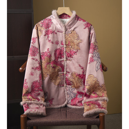 丝艺粉色凤凰花刺绣水貂毛拼接新中式90白鸭绒羽绒服立领国风外套