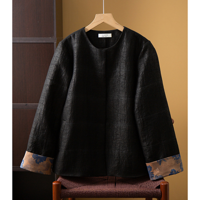 丝艺填充100%桑蚕丝龟纹香云纱新中式开衫棉服国风暗扣挽袖外套冬