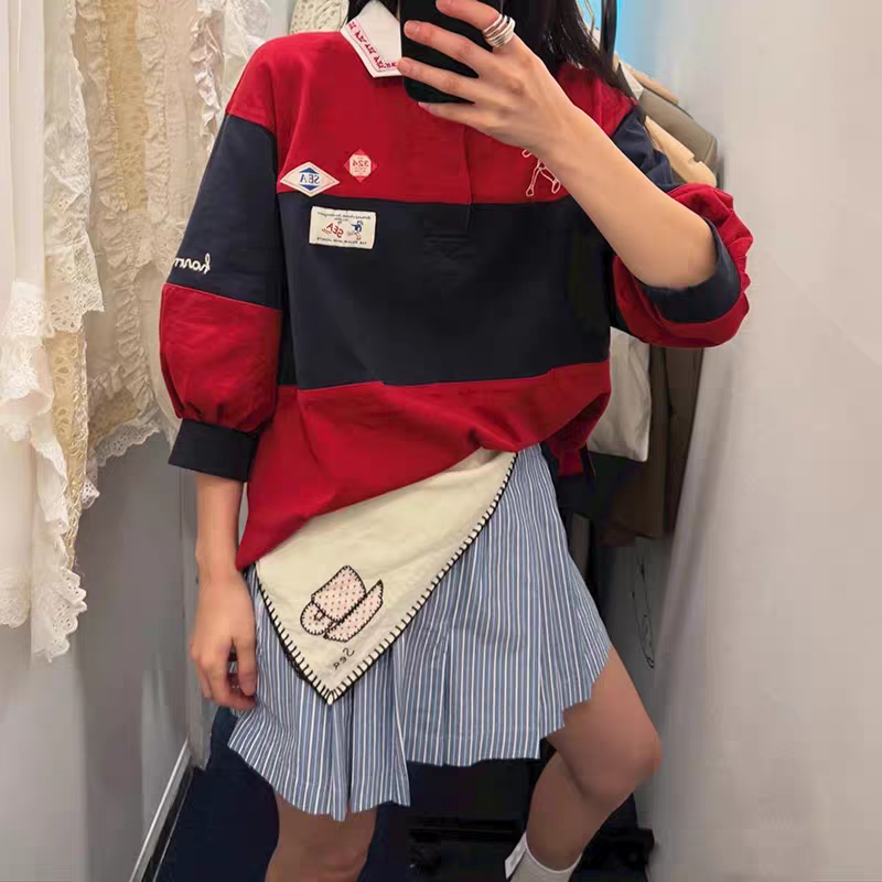 法式小众2025早秋红蓝拼色复古橄榄球POLO领泡泡中袖刺绣T恤,女装/女士精品,学生校服,淘宝优惠券,粉丝福利购,淘宝优惠卷