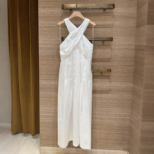 法单S家2025夏季新款优雅设计感交叉V领高腰纯色礼服连衣裙长裙女