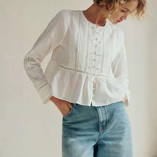 法式小众2026春夏柔软INS风包扣车褶圆领荷叶边显高短款衬衫女