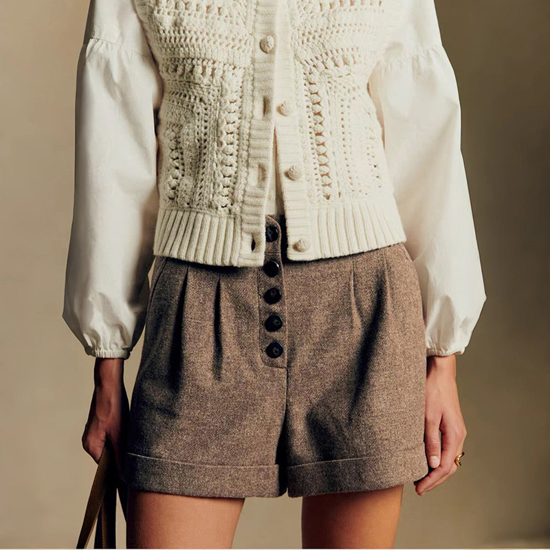 法单小众2025秋冬潮线单排多扣通勤休闲卷边短裤高腰款靴裤女,女装/女士精品,休闲裤,淘宝优惠券,粉丝福利购,淘宝优惠卷