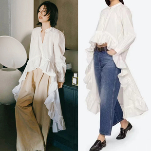 SAVI~款法式2026春夏个性纯色荷叶边前短后长燕尾服圆领衬衫女