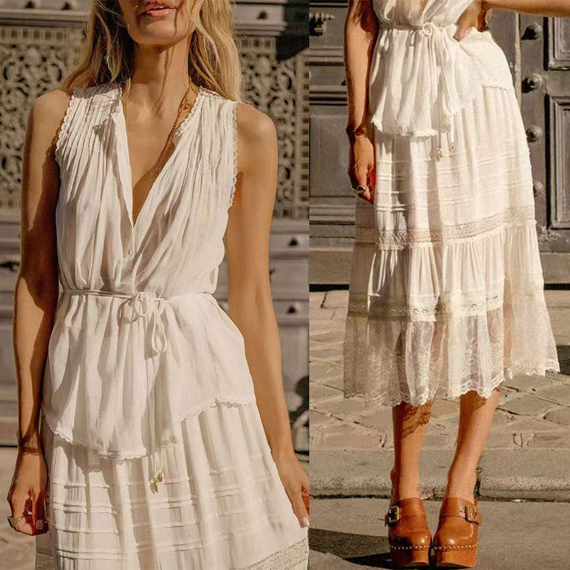 法式小众 2026夏季新款透气绑带收腰蕾丝边无袖上衣纱网拼长半裙