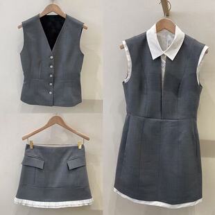 法式小众26早春撞色翻领衬衫拼接背心裙V领收腰马甲半裙套装女