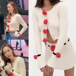 郑秀妍~款法式2025早春新款名媛红玫瑰针织开衫超短半裙减龄套装
