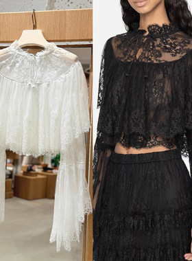 法式小众 2026夏季新款宫廷风双层蕾丝斗篷式系带立领喇叭袖上衣