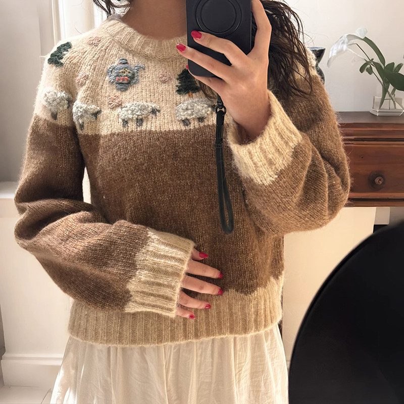 法式小众 2026早春手工童趣碎花钩编费尔岛圆领拼色毛衣女