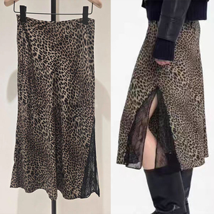 法式小众 2026早春时髦精豹纹侧面拼蕾丝镶边开叉中长半身裙女