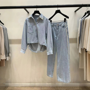 法单S家2025早春新款时髦珍珠装饰翻领浅蓝牛仔衬衫阔腿裤套装女