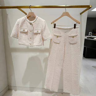 法单S家 2025早春新款金线毛边圆领小香风外套高腰花呢长裤套装女