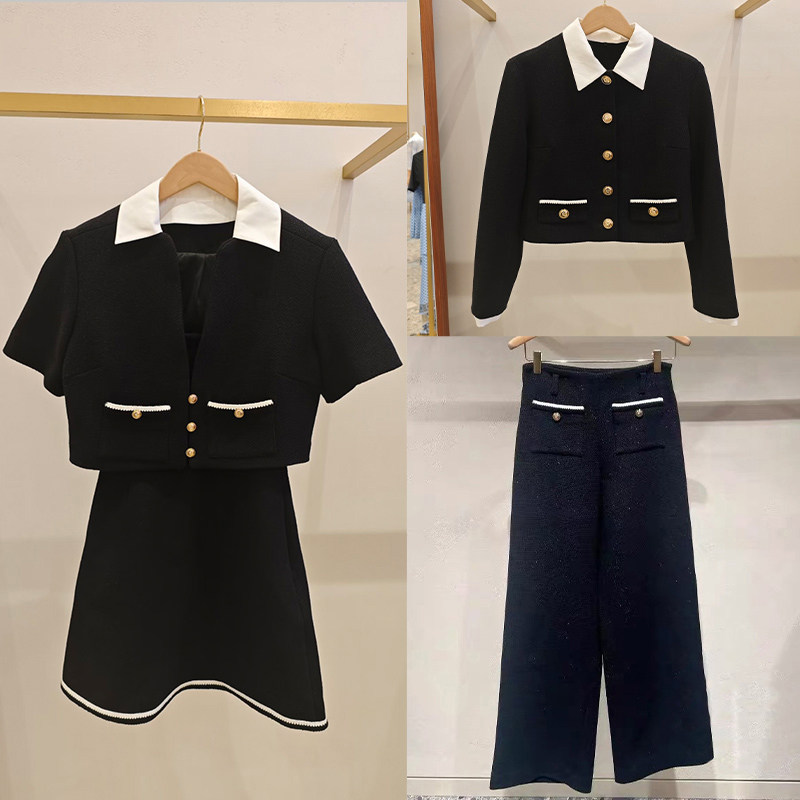 法单小众 2026秋冬新款黑色粗花呢撞色翻领金扣套裙外套阔腿长裤