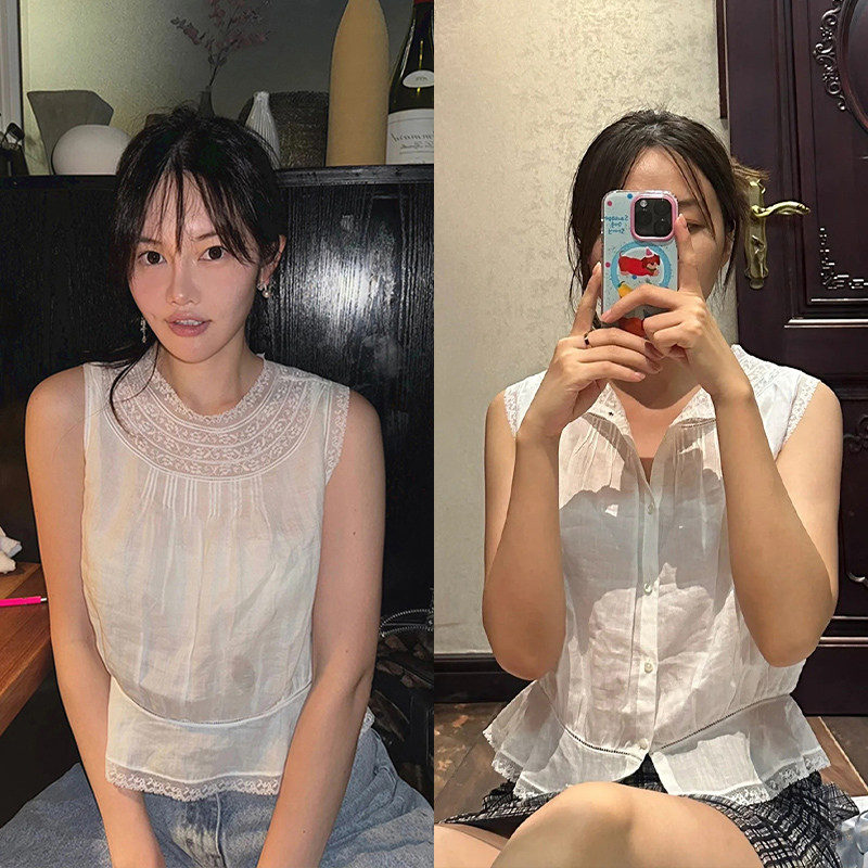 法式小众 2025春夏新款前后两穿精美蕾丝边圆领荷叶下摆无袖上衣