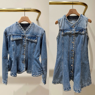 法单小众2026早春时髦牛仔卡腰荷叶边V领钉钻饰边外套连衣裙女