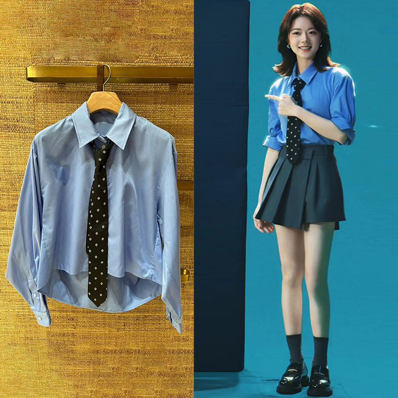 赵今麦~款2025秋冬新帅气前短后长POLO领配黑花领带少女感衬衫