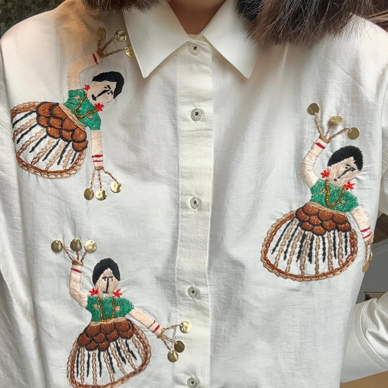 Co 法式小众2024早秋手工立体刺绣跳舞女孩百搭POLO领衬衣衬衫女