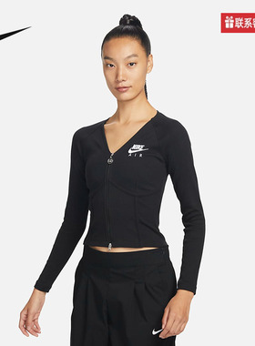 耐克女士舒适短款瑜伽休闲拉链紧身长袖T恤鱼骨上衣黑FD2377-0
