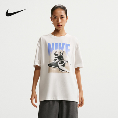 NIKE耐克女子球鞋印花T恤宽松轻盈棉质休闲短袖针织衫IR7588-121