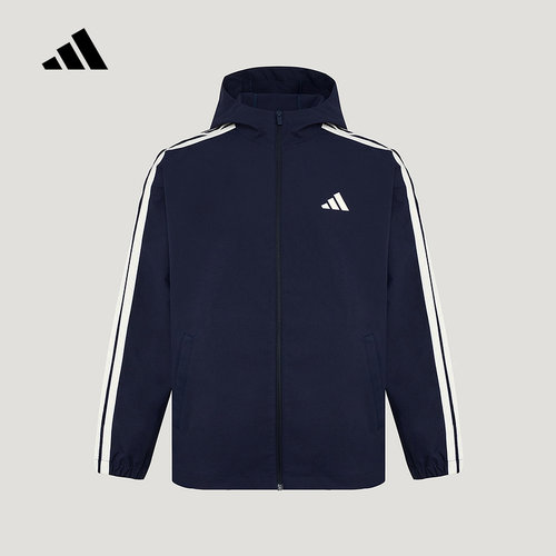 adidas阿迪达斯三条纹宽松连帽防风外套2026春男梭织夹克 KV5945