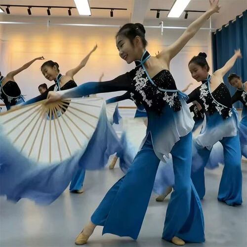 一条大河蓝色古典舞蹈服儿童成人飘逸秧歌扇子舞套装桃李杯演出服