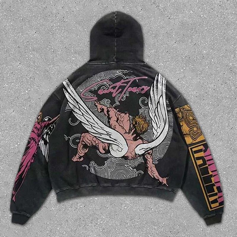 thumbnail for 2025 New Retro Angel Colorless 3D Printed American Sweatshirt Uni** Trendy Sports Hoodie Knocks on the Tide