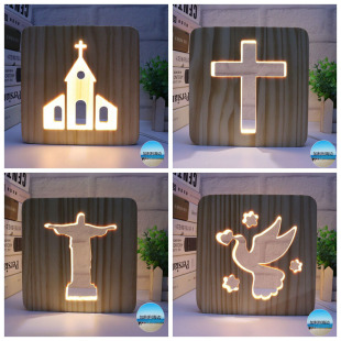 饰灯实用工艺礼品 十字架大号摆台usb夜灯结婚礼物简约现代实木装