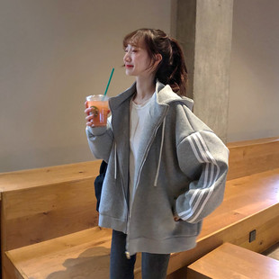卫衣女2020新款秋冬百搭学生宽松拉链加厚加绒运动风连帽开衫外套