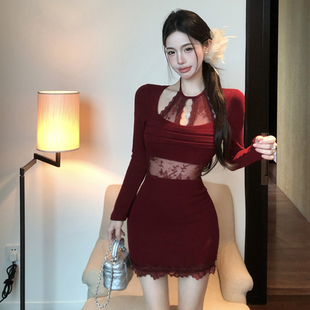 辣妹设计蕾丝拼接长袖 气质收腰显瘦包臀短裙 挂脖连衣裙女春秋夏季